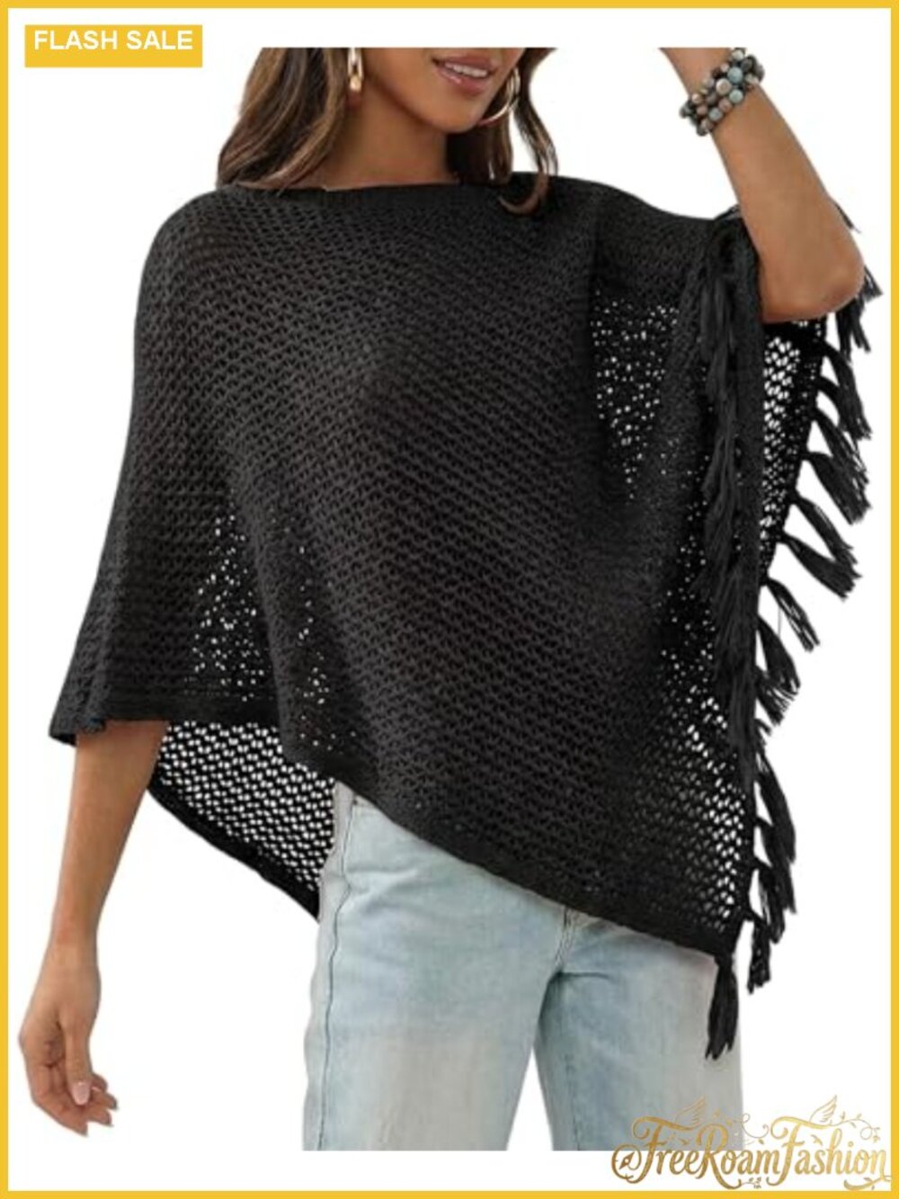 Sheer Knit Poncho Top Fringe Crochet Shawl Batwing Sleeve Wrap